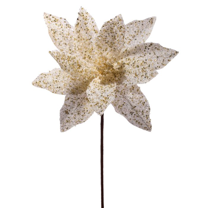 22" Glitter Sequin Poinsettia Stem - White and Gold — view 1
