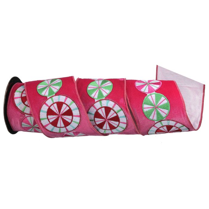 10" Ribbon - Velvet Peppermint Candy - 5 Yard Roll - Pink — view 1