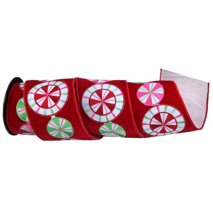10" Ribbon - Velvet Peppermint Candy - 5 Yard Roll - Red — view 1