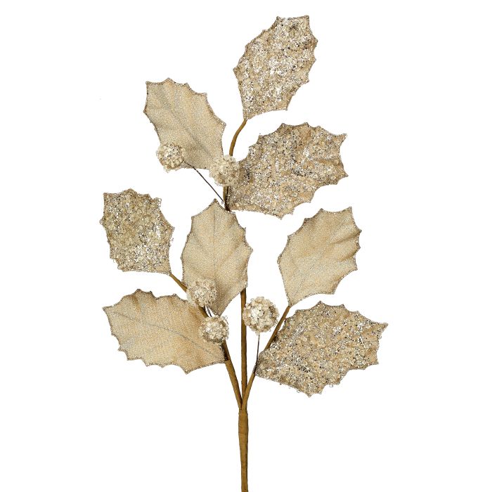 27" Glitter Holly Leaf Spray - Champagne Champagne — view 1