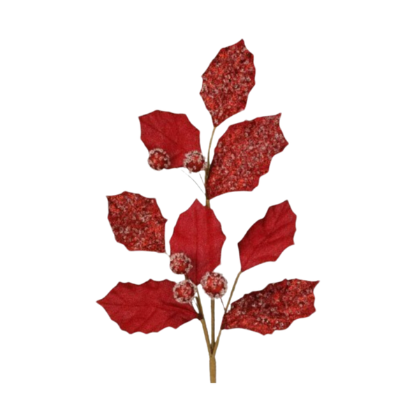 27" GLITTER HOLLY LEAF SPRAY - RED