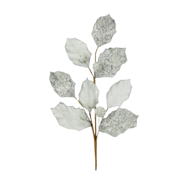 27" GLITTER HOLLY LEAF SPRAY - WHITE