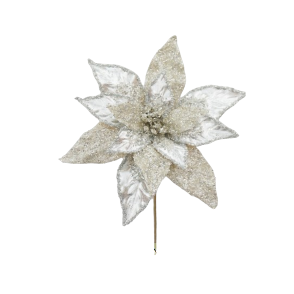 24" Metallic Beaded Poinsettia Stem - Platinum