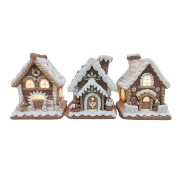 6"  Sugar/Spice Gingerbread House - Set of 3 -  With Battery/ timer Operated LED Lights