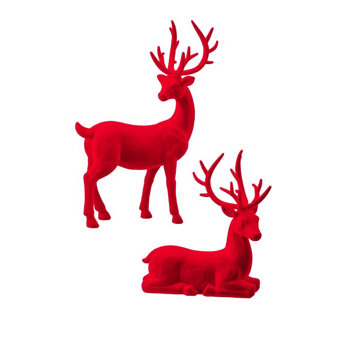 Flocked Deer Set - 4" & 10.5" - Red - Set of 2 Red