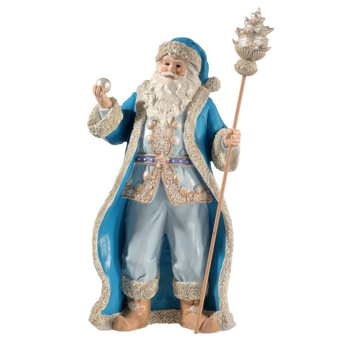 11" Resin Coastal Santa w/Staff - Aqua Blue