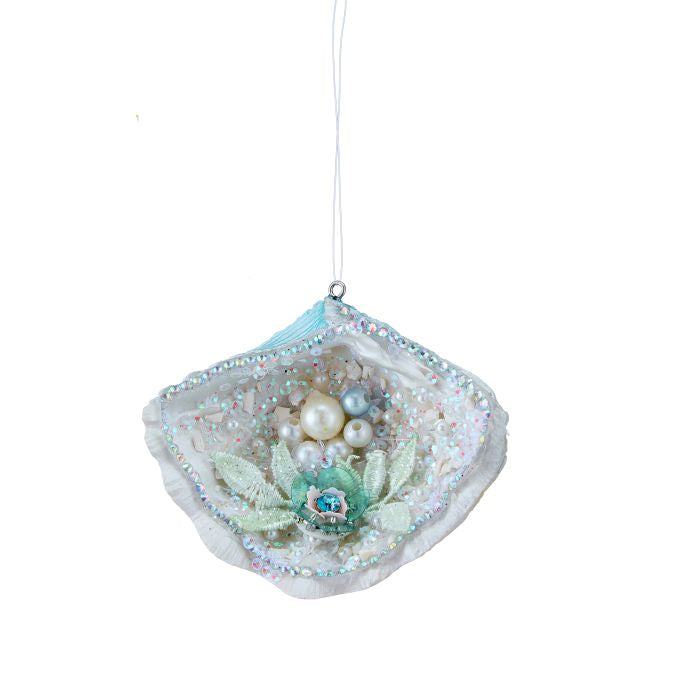 4" Resin Shell w/Sequin/Pearl Ornament - Aqua Blue - Set of 2 — view 1