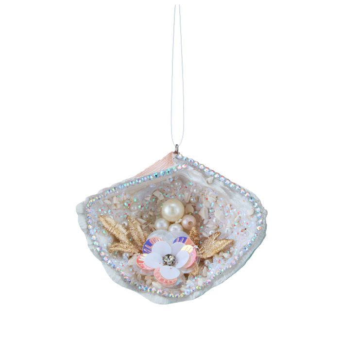 4" Resin Shell w/Sequin/Pearl Ornament - Coral - Set of 2 — view 1