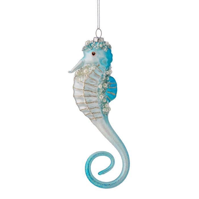 7.5" Glass Pearl Jewel Seahorse Ornament - Aqua Blue — view 1