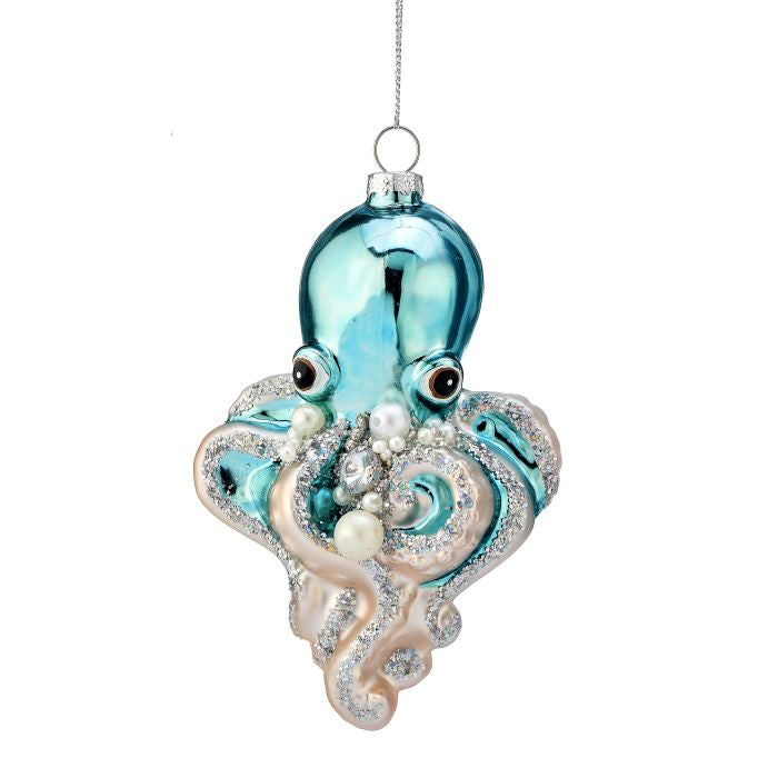 5.5" Glass Pearl Glitter Octopus Ornament - Aqua Blue — view 1