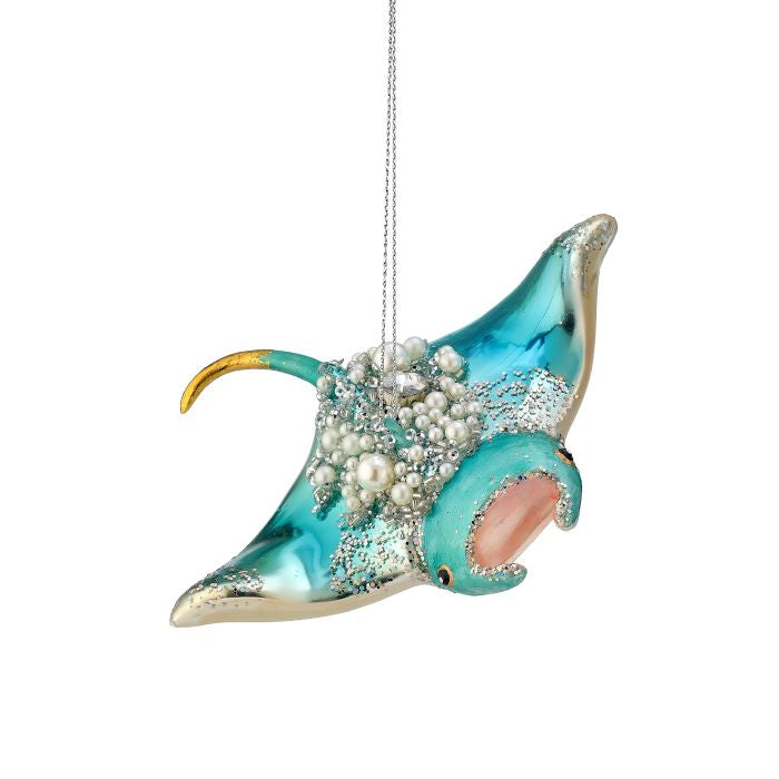 4" Glass Stingray w/Pearls Ornament - Aqua Blue — view 1