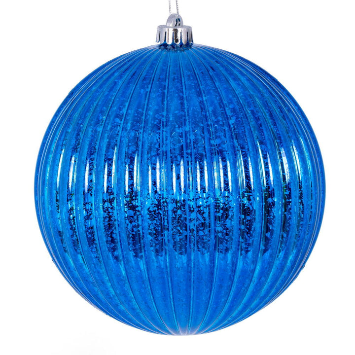 Bright blue 8" Mercury Lined Ball adds vibrant color and elegance to holiday decorations. Perfect for festive displays.