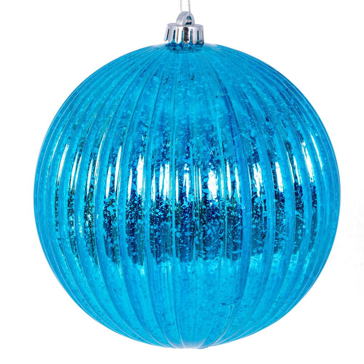 Bright blue 8" Mercury Lined Ball adds a vibrant touch to holiday decor, perfect for stylish celebrations.