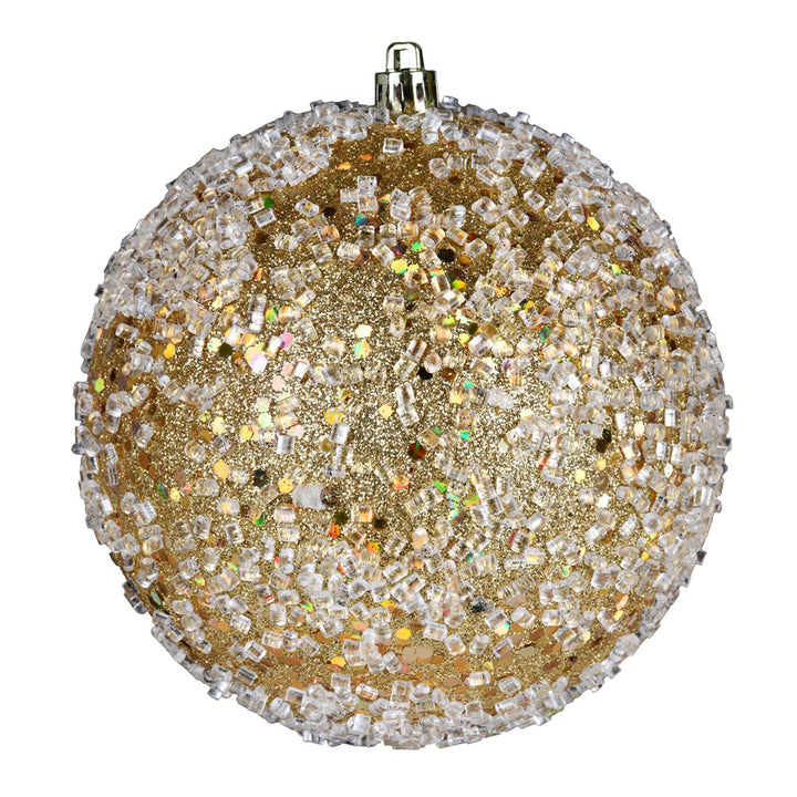 Sparkle up your decor with the 8" Glitter Hail Ball, featuring stunning gold and crystal embellishments.