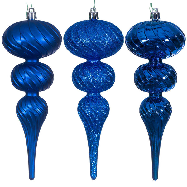 8" Blue Swirl Finial Ornament Set of 6