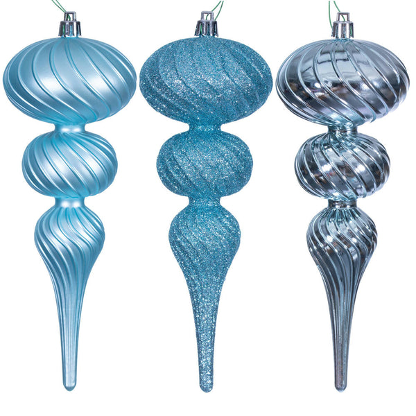 8" Baby Blue Swirl Finial Ornament Set of 6