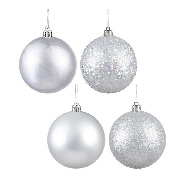 10" Silver 4 Finish  Ball Ornament Set Drilled Cap