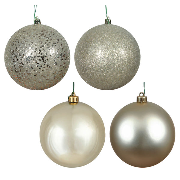 8" Champagne 4 Finish Ball Ornament Set Drilled Cap