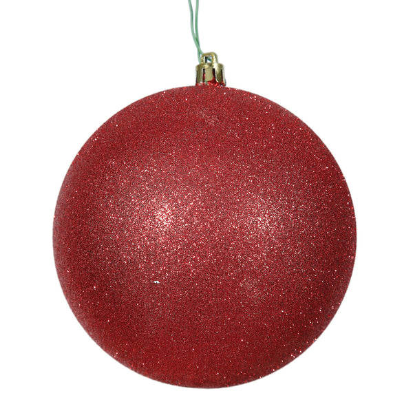 10" Red Glitter Ball Ornament Drilled Cap