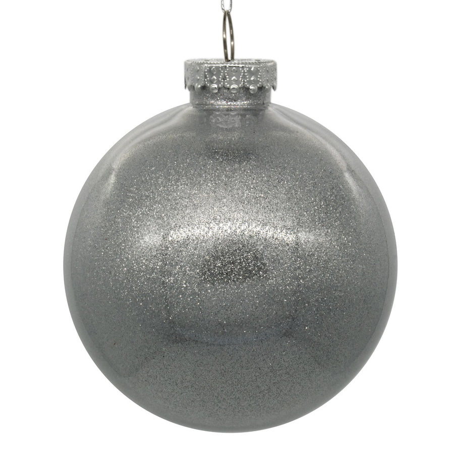 4" Glitter Clear Ball Ornament - Silver - Set of 6