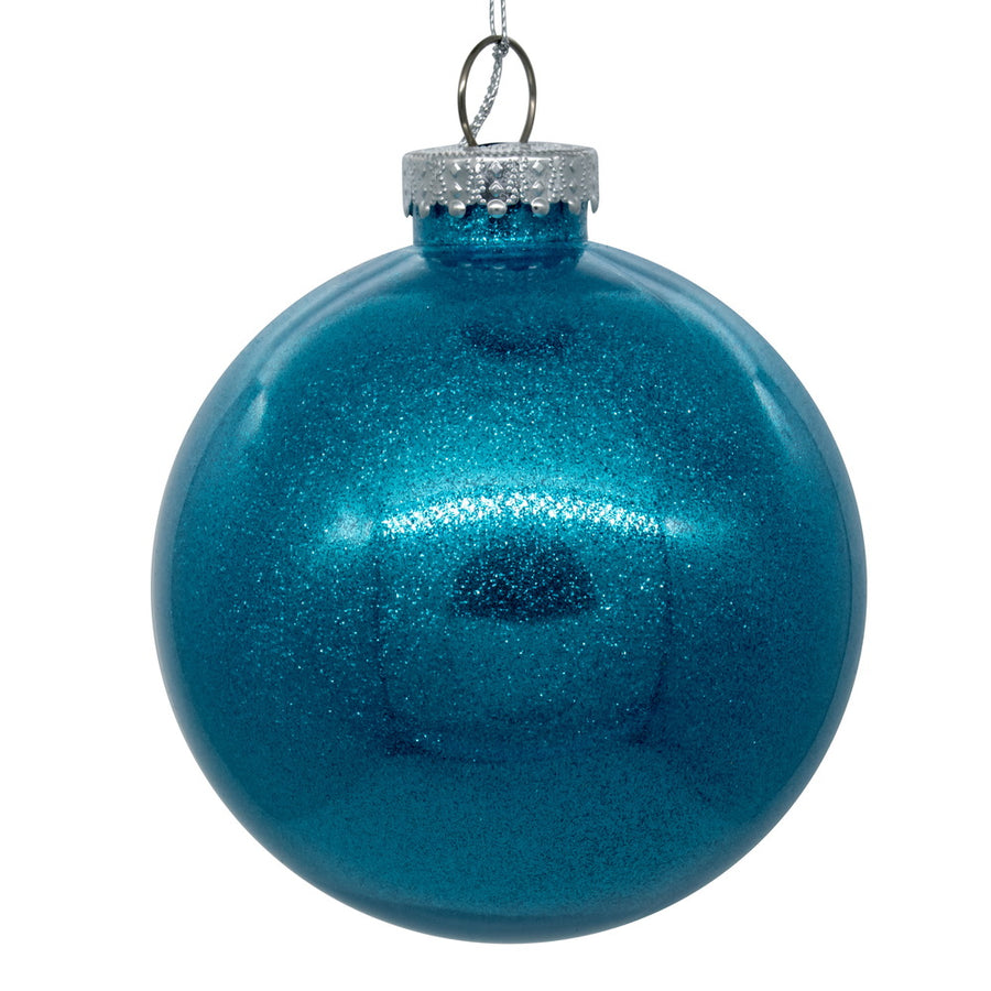4" Glitter Clear Ball Ornament - Turquoise - Set of 6