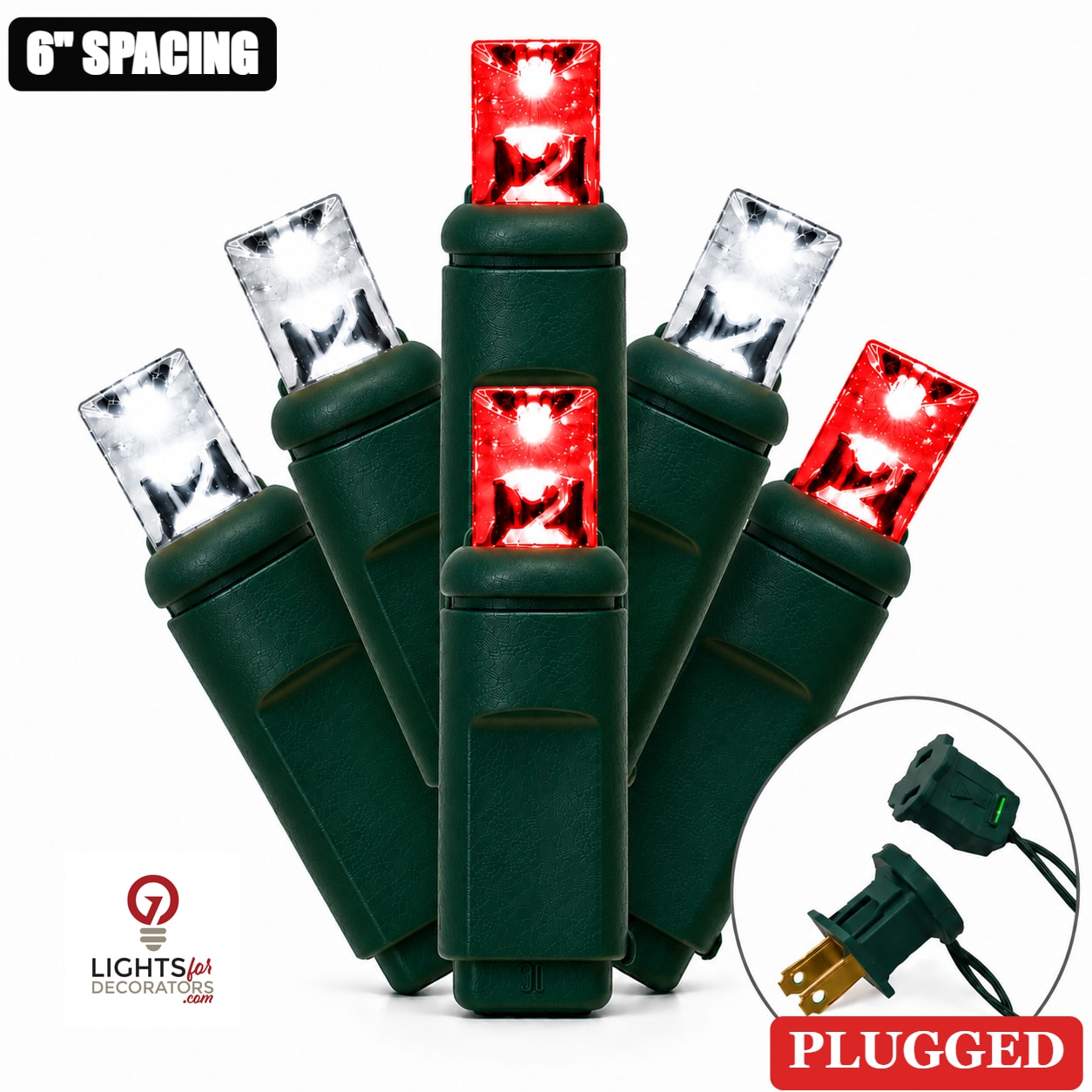 5MM 50L Light Set BALLED - 6" Green Cord - CANDY CANE Red-Pure White- 50 Ct - 6"- Green