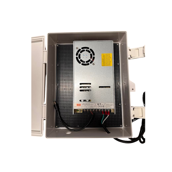 12 Volt Power Supply in Waterproof Box features a sturdy design with a DC connector and 5' power supply for durability.