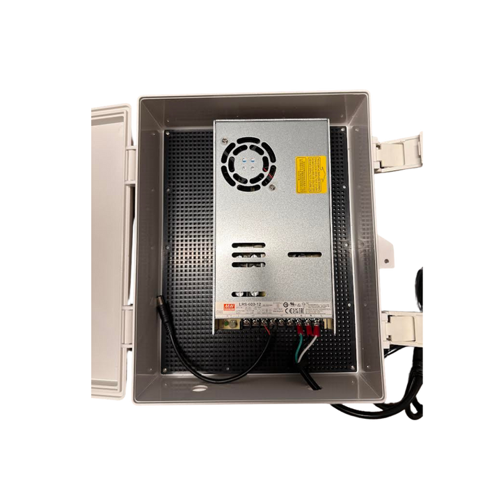 12 Volt Power Supply in Waterproof Box with DC Connector and 5' power supply for reliable outdoor use.
