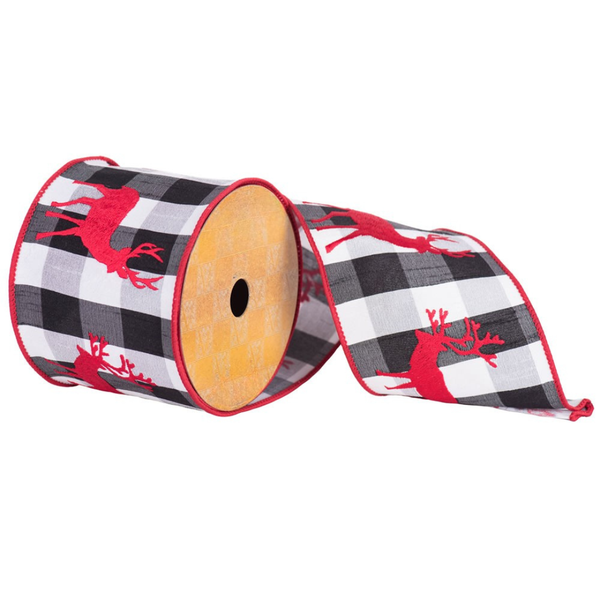 4" x 10 Yards Red Embr Reindeer on Plaid Ribbon