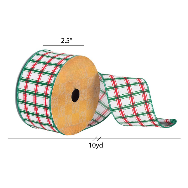 2.5" x 10 Yards White/Red/Green Plaid Ribbon