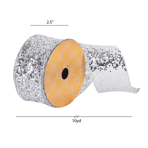 2.5" x 10 Yards Silver Sequin Woven Dupion Ribbon