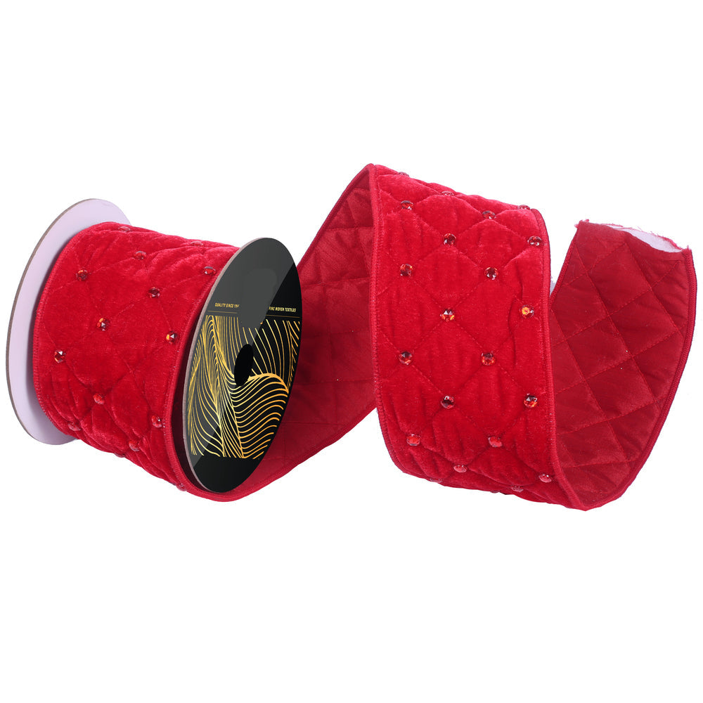 4" Ribbon - Velvet Quilt with Jewel Accent - 5 Yard Roll - Red Red Jewel- 4"- 5 yard — view 1