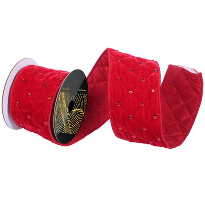 10" Ribbon - Velvet Quilt with Jewel Accent - 5 Yard Roll - Red Red Jewel- 4"- 5 yard — view 1