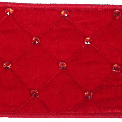 4" Ribbon - Velvet Quilt with Jewel Accent - 5 Yard Roll - Red Red Jewel- 4"- 5 yard — view 2