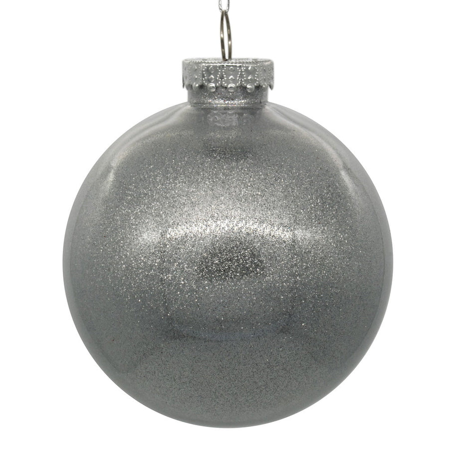 4" Glitter Clear Ball Ornament - Silver - Set of 6