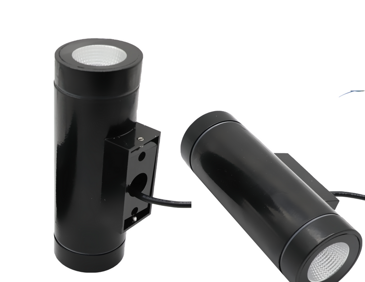 Stylish OMNI RGB Sconce Lights - 2 way feature a black aluminum design for versatile outdoor illumination.