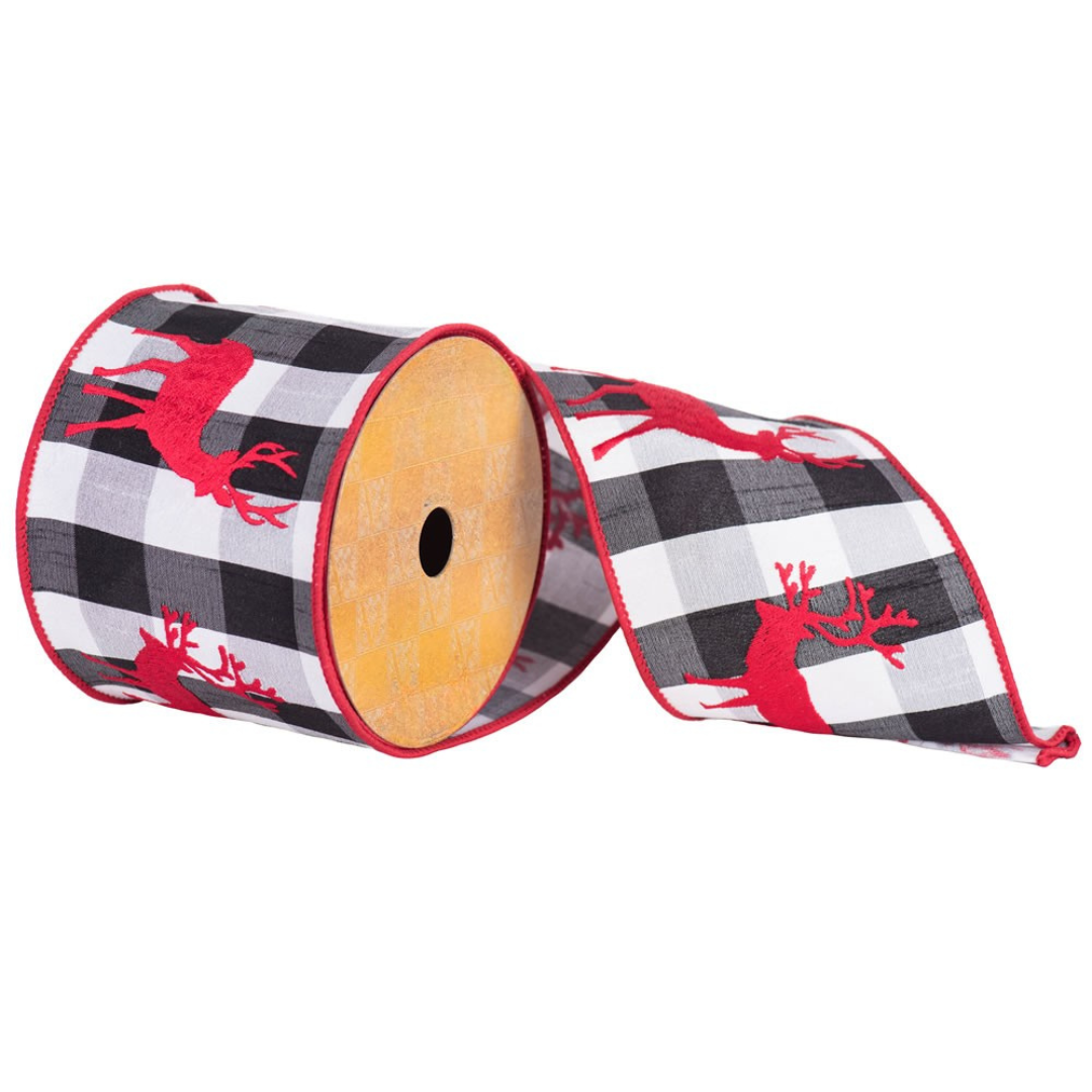 4" Ribbon - Embroidered Reindeer on Plaid - 10 Yard Roll - Red — view 1