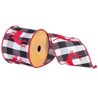 4" Ribbon - Embroidered Reindeer on Plaid - 10 Yard Roll - Red — view 1