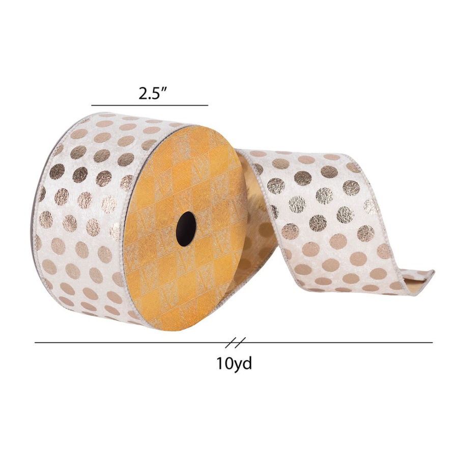 2.5" Ribbon - Velvet Gold Metallic Dot - 10 Yard Roll - Ivory