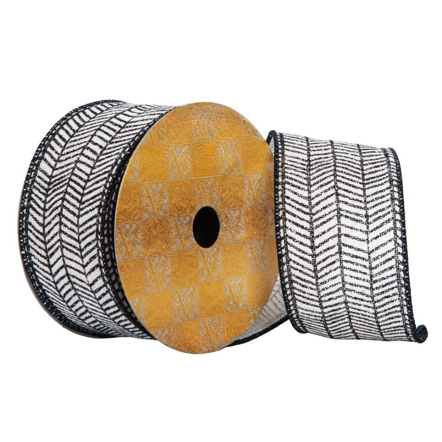 2.5" Ribbon - Herringbone - 10 Yard Roll - Beige/Black