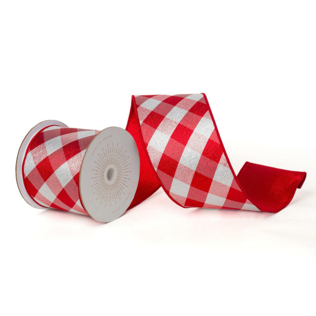 4" Ribbon - Metallic Diagonal Stripe - 10 Yard Roll - Red/Silver — view 1