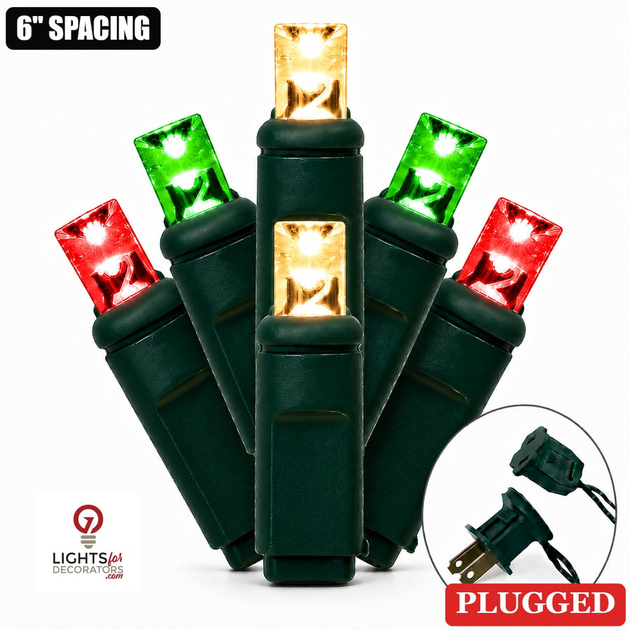 5MM 50L Light Set BALLED - 6" Green Cord - CHRISTMAS (RD/GR/WW) Red-Green-Warm White- 50 Ct - 6"- Green