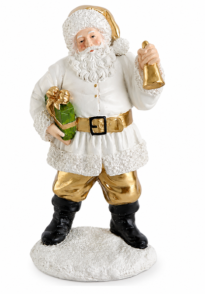 12.25 Inch White & Gold Resin Santa w/Package & Bell