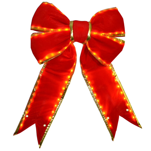 Lighted Velvet Structural Christmas  Bow Red with Gold Trim - Outdoor UV Treated