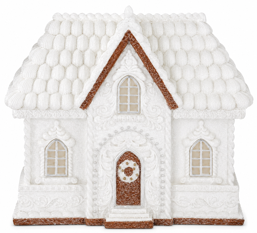16 Inch Glittered White Resin LED Gingerbread House