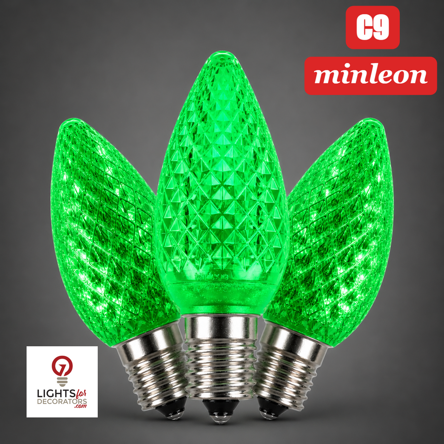Green LED C9 - Minleon Faceted Bulb - Steady Green- Minleon