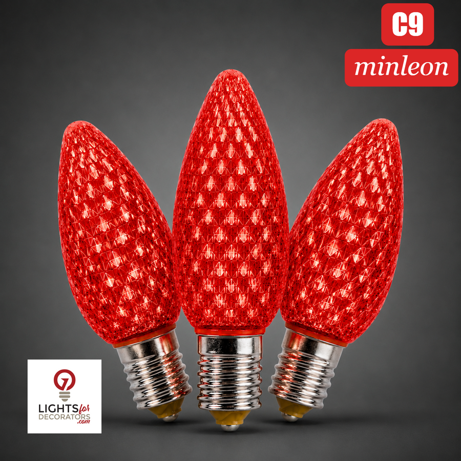 Red LED C9 - Minleon Faceted Bulb - Steady Red- Minleon