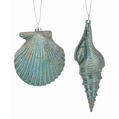 4.5-7" Velvet Glitter Pearl Seashell Ornament - Aqua - Set of 2 — view 1