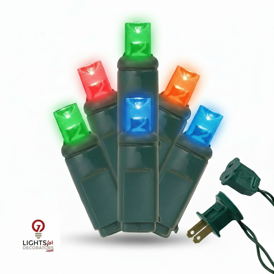 Multicolor 5MM LED Light Set - 70 Lights - 4" Spacing - Green Wire
